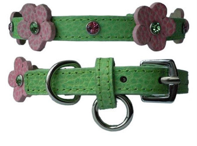 Flower Leather Collar - Green & Pink Leather wooflink, susan lanci, dog clothes, small dog clothes, urban pup, pooch outfitters, dogo, hip doggie, doggie design, small dog dress, pet clotes, dog boutique. pet boutique, bloomingtails dog boutique, dog raincoat, dog rain coat, pet raincoat, dog shampoo, pet shampoo, dog bathrobe, pet bathrobe, dog carrier, small dog carrier, doggie couture, pet couture, dog football, dog toys, pet toys, dog clothes sale, pet clothes sale, shop local, pet store, dog store, dog chews, pet chews, worthy dog, dog bandana, pet bandana, dog halloween, pet halloween, dog holiday, pet holiday, dog teepee, custom dog clothes, pet pjs, dog pjs, pet pajamas, dog pajamas,dog sweater, pet sweater, dog hat, fabdog, fab dog, dog puffer coat, dog winter jacket, dog col