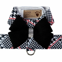 Black Nouveau Bow Classic Glen Houndstooth Tinkie Harness Roxy & Lulu, wooflink, susan lanci, dog clothes, small dog clothes, urban pup, pooch outfitters, dogo, hip doggie, doggie design, small dog dress, pet clotes, dog boutique. pet boutique, bloomingtails dog boutique, dog raincoat, dog rain coat, pet raincoat, dog shampoo, pet shampoo, dog bathrobe, pet bathrobe, dog carrier, small dog carrier, doggie couture, pet couture, dog football, dog toys, pet toys, dog clothes sale, pet clothes sale, shop local, pet store, dog store, dog chews, pet chews, worthy dog, dog bandana, pet bandana, dog halloween, pet halloween, dog holiday, pet holiday, dog teepee, custom dog clothes, pet pjs, dog pjs, pet pajamas, dog pajamas,dog sweater, pet sweater, dog hat, fabdog, fab dog, dog puffer coat, dog winter ja