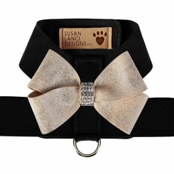 Black Tinkie Harness with Champagne Glitzerati Nouveau Bow  Roxy & Lulu, wooflink, susan lanci, dog clothes, small dog clothes, urban pup, pooch outfitters, dogo, hip doggie, doggie design, small dog dress, pet clotes, dog boutique. pet boutique, bloomingtails dog boutique, dog raincoat, dog rain coat, pet raincoat, dog shampoo, pet shampoo, dog bathrobe, pet bathrobe, dog carrier, small dog carrier, doggie couture, pet couture, dog football, dog toys, pet toys, dog clothes sale, pet clothes sale, shop local, pet store, dog store, dog chews, pet chews, worthy dog, dog bandana, pet bandana, dog halloween, pet halloween, dog holiday, pet holiday, dog teepee, custom dog clothes, pet pjs, dog pjs, pet pajamas, dog pajamas,dog sweater, pet sweater, dog hat, fabdog, fab dog, dog puffer coat, dog winter ja