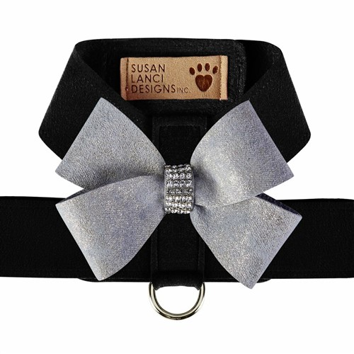 Black Tinkie Harness with Platinum Glitzerati Nouveau Bow   Roxy & Lulu, wooflink, susan lanci, dog clothes, small dog clothes, urban pup, pooch outfitters, dogo, hip doggie, doggie design, small dog dress, pet clotes, dog boutique. pet boutique, bloomingtails dog boutique, dog raincoat, dog rain coat, pet raincoat, dog shampoo, pet shampoo, dog bathrobe, pet bathrobe, dog carrier, small dog carrier, doggie couture, pet couture, dog football, dog toys, pet toys, dog clothes sale, pet clothes sale, shop local, pet store, dog store, dog chews, pet chews, worthy dog, dog bandana, pet bandana, dog halloween, pet halloween, dog holiday, pet holiday, dog teepee, custom dog clothes, pet pjs, dog pjs, pet pajamas, dog pajamas,dog sweater, pet sweater, dog hat, fabdog, fab dog, dog puffer coat, dog winter ja
