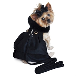 Black Wool Classic Dog Coat Harness with Fur Collar and Matching Leash  Roxy & Lulu, wooflink, susan lanci, dog clothes, small dog clothes, urban pup, pooch outfitters, dogo, hip doggie, doggie design, small dog dress, pet clotes, dog boutique. pet boutique, bloomingtails dog boutique, dog raincoat, dog rain coat, pet raincoat, dog shampoo, pet shampoo, dog bathrobe, pet bathrobe, dog carrier, small dog carrier, doggie couture, pet couture, dog football, dog toys, pet toys, dog clothes sale, pet clothes sale, shop local, pet store, dog store, dog chews, pet chews, worthy dog, dog bandana, pet bandana, dog halloween, pet halloween, dog holiday, pet holiday, dog teepee, custom dog clothes, pet pjs, dog pjs, pet pajamas, dog pajamas,dog sweater, pet sweater, dog hat, fabdog, fab dog, dog puffer coat, dog winter ja