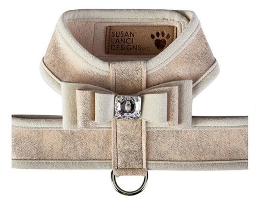 Champagne Really Big Bow Tinkie Harness with Doe Trim  Roxy & Lulu, wooflink, susan lanci, dog clothes, small dog clothes, urban pup, pooch outfitters, dogo, hip doggie, doggie design, small dog dress, pet clotes, dog boutique. pet boutique, bloomingtails dog boutique, dog raincoat, dog rain coat, pet raincoat, dog shampoo, pet shampoo, dog bathrobe, pet bathrobe, dog carrier, small dog carrier, doggie couture, pet couture, dog football, dog toys, pet toys, dog clothes sale, pet clothes sale, shop local, pet store, dog store, dog chews, pet chews, worthy dog, dog bandana, pet bandana, dog halloween, pet halloween, dog holiday, pet holiday, dog teepee, custom dog clothes, pet pjs, dog pjs, pet pajamas, dog pajamas,dog sweater, pet sweater, dog hat, fabdog, fab dog, dog puffer coat, dog winter ja