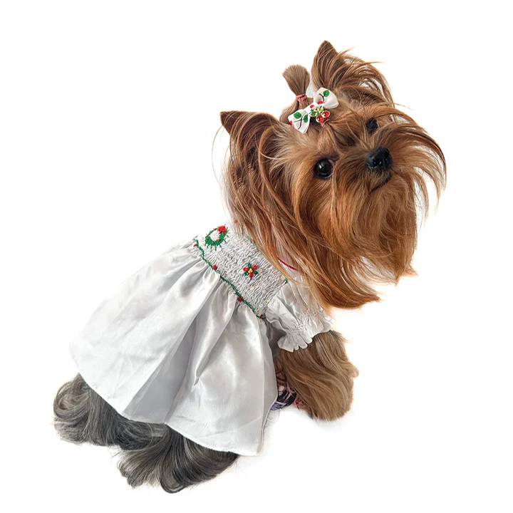 Collectors Edition - Dreamy White Christmas Hand Smocked Dress   wooflink, susan lanci, dog clothes, small dog clothes, urban pup, pooch outfitters, dogo, hip doggie, doggie design, small dog dress, pet clotes, dog boutique. pet boutique, bloomingtails dog boutique, dog raincoat, dog rain coat, pet raincoat, dog shampoo, pet shampoo, dog bathrobe, pet bathrobe, dog carrier, small dog carrier, doggie couture, pet couture, dog football, dog toys, pet toys, dog clothes sale, pet clothes sale, shop local, pet store, dog store, dog chews, pet chews, worthy dog, dog bandana, pet bandana, dog halloween, pet halloween, dog holiday, pet holiday, dog teepee, custom dog clothes, pet pjs, dog pjs, pet pajamas, dog pajamas,dog sweater, pet sweater, dog hat, fabdog, fab dog, dog puffer coat, dog winter jacket, dog col