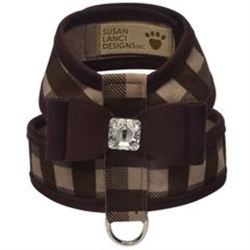 Chocolate Gingham Big Bow Tinkie Harness with Chocolate Trim  Roxy & Lulu, wooflink, susan lanci, dog clothes, small dog clothes, urban pup, pooch outfitters, dogo, hip doggie, doggie design, small dog dress, pet clotes, dog boutique. pet boutique, bloomingtails dog boutique, dog raincoat, dog rain coat, pet raincoat, dog shampoo, pet shampoo, dog bathrobe, pet bathrobe, dog carrier, small dog carrier, doggie couture, pet couture, dog football, dog toys, pet toys, dog clothes sale, pet clothes sale, shop local, pet store, dog store, dog chews, pet chews, worthy dog, dog bandana, pet bandana, dog halloween, pet halloween, dog holiday, pet holiday, dog teepee, custom dog clothes, pet pjs, dog pjs, pet pajamas, dog pajamas,dog sweater, pet sweater, dog hat, fabdog, fab dog, dog puffer coat, dog winter ja