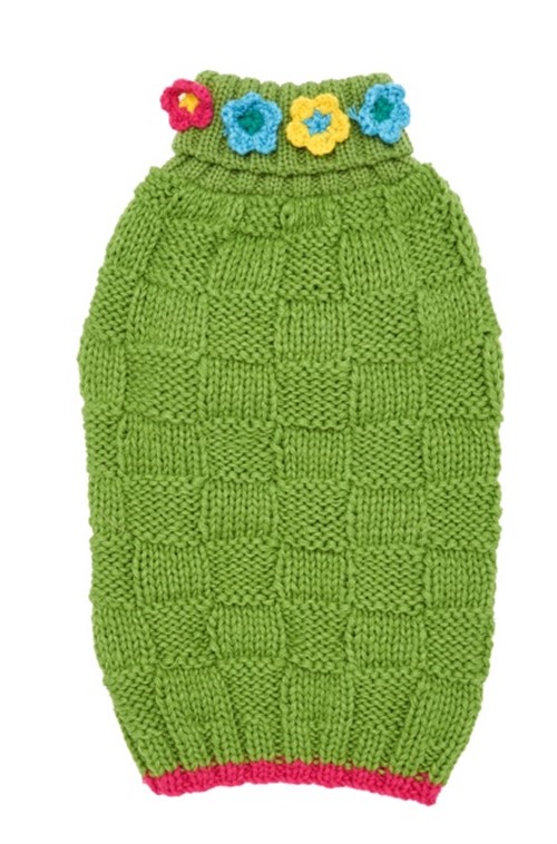 Green Floral Basketweave Hand Knit Dog Sweater   Roxy & Lulu, wooflink, susan lanci, dog clothes, small dog clothes, urban pup, pooch outfitters, dogo, hip doggie, doggie design, small dog dress, pet clotes, dog boutique. pet boutique, bloomingtails dog boutique, dog raincoat, dog rain coat, pet raincoat, dog shampoo, pet shampoo, dog bathrobe, pet bathrobe, dog carrier, small dog carrier, doggie couture, pet couture, dog football, dog toys, pet toys, dog clothes sale, pet clothes sale, shop local, pet store, dog store, dog chews, pet chews, worthy dog, dog bandana, pet bandana, dog halloween, pet halloween, dog holiday, pet holiday, dog teepee, custom dog clothes, pet pjs, dog pjs, pet pajamas, dog pajamas,dog sweater, pet sweater, dog hat, fabdog, fab dog, dog puffer coat, dog winter ja