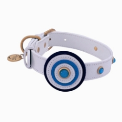 Happy Camper Collar & Leash - White Blue Circle wooflink, susan lanci, dog clothes, small dog clothes, urban pup, pooch outfitters, dogo, hip doggie, doggie design, small dog dress, pet clotes, dog boutique. pet boutique, bloomingtails dog boutique, dog raincoat, dog rain coat, pet raincoat, dog shampoo, pet shampoo, dog bathrobe, pet bathrobe, dog carrier, small dog carrier, doggie couture, pet couture, dog football, dog toys, pet toys, dog clothes sale, pet clothes sale, shop local, pet store, dog store, dog chews, pet chews, worthy dog, dog bandana, pet bandana, dog halloween, pet halloween, dog holiday, pet holiday, dog teepee, custom dog clothes, pet pjs, dog pjs, pet pajamas, dog pajamas,dog sweater, pet sweater, dog hat, fabdog, fab dog, dog puffer coat, dog winter jacket, dog col