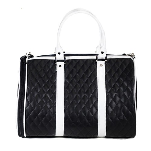 JL Duffel Carrier in Black and White Quilted Lux wooflink, susan lanci, dog clothes, small dog clothes, urban pup, pooch outfitters, dogo, hip doggie, doggie design, small dog dress, pet clotes, dog boutique. pet boutique, bloomingtails dog boutique, dog raincoat, dog rain coat, pet raincoat, dog shampoo, pet shampoo, dog bathrobe, pet bathrobe, dog carrier, small dog carrier, doggie couture, pet couture, dog football, dog toys, pet toys, dog clothes sale, pet clothes sale, shop local, pet store, dog store, dog chews, pet chews, worthy dog, dog bandana, pet bandana, dog halloween, pet halloween, dog holiday, pet holiday, dog teepee, custom dog clothes, pet pjs, dog pjs, pet pajamas, dog pajamas,dog sweater, pet sweater, dog hat, fabdog, fab dog, dog puffer coat, dog winter jacket, dog col