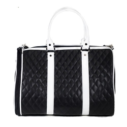 JL Duffel Carrier in Black and White Quilted Lux wooflink, susan lanci, dog clothes, small dog clothes, urban pup, pooch outfitters, dogo, hip doggie, doggie design, small dog dress, pet clotes, dog boutique. pet boutique, bloomingtails dog boutique, dog raincoat, dog rain coat, pet raincoat, dog shampoo, pet shampoo, dog bathrobe, pet bathrobe, dog carrier, small dog carrier, doggie couture, pet couture, dog football, dog toys, pet toys, dog clothes sale, pet clothes sale, shop local, pet store, dog store, dog chews, pet chews, worthy dog, dog bandana, pet bandana, dog halloween, pet halloween, dog holiday, pet holiday, dog teepee, custom dog clothes, pet pjs, dog pjs, pet pajamas, dog pajamas,dog sweater, pet sweater, dog hat, fabdog, fab dog, dog puffer coat, dog winter jacket, dog col