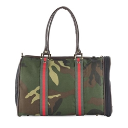 JL Duffel Carrier in Camo with Red Stripe wooflink, susan lanci, dog clothes, small dog clothes, urban pup, pooch outfitters, dogo, hip doggie, doggie design, small dog dress, pet clotes, dog boutique. pet boutique, bloomingtails dog boutique, dog raincoat, dog rain coat, pet raincoat, dog shampoo, pet shampoo, dog bathrobe, pet bathrobe, dog carrier, small dog carrier, doggie couture, pet couture, dog football, dog toys, pet toys, dog clothes sale, pet clothes sale, shop local, pet store, dog store, dog chews, pet chews, worthy dog, dog bandana, pet bandana, dog halloween, pet halloween, dog holiday, pet holiday, dog teepee, custom dog clothes, pet pjs, dog pjs, pet pajamas, dog pajamas,dog sweater, pet sweater, dog hat, fabdog, fab dog, dog puffer coat, dog winter jacket, dog col