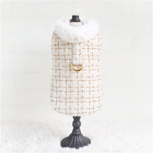 Limited Edition Chantel Tweed Coat in Cream dog coat, pet coat, dog winter coat, pet winter coat, fashion coat, dog tweed, dig handmade, pet tweed, small dog coat, small pet coat,dog harness, pet harness, dog, pet, dog boutique, pet boutique, sale dogs, pet sale, dog store, pet store, doggie couture, bloomingtails dog boutique, new dog designs, new pet design, chanel harness, chanel pet harness, chanel dog harness, dog spring designs, harness sale, harness clearance, hello doggie