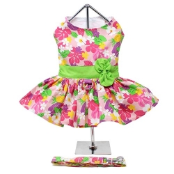 Pink Hawaiian Floral Dog Dress with Matching Leash   wooflink, susan lanci, dog clothes, small dog clothes, urban pup, pooch outfitters, dogo, hip doggie, doggie design, small dog dress, pet clotes, dog boutique. pet boutique, bloomingtails dog boutique, dog raincoat, dog rain coat, pet raincoat, dog shampoo, pet shampoo, dog bathrobe, pet bathrobe, dog carrier, small dog carrier, doggie couture, pet couture, dog football, dog toys, pet toys, dog clothes sale, pet clothes sale, shop local, pet store, dog store, dog chews, pet chews, worthy dog, dog bandana, pet bandana, dog halloween, pet halloween, dog holiday, pet holiday, dog teepee, custom dog clothes, pet pjs, dog pjs, pet pajamas, dog pajamas,dog sweater, pet sweater, dog hat, fabdog, fab dog, dog puffer coat, dog winter jacket, dog col