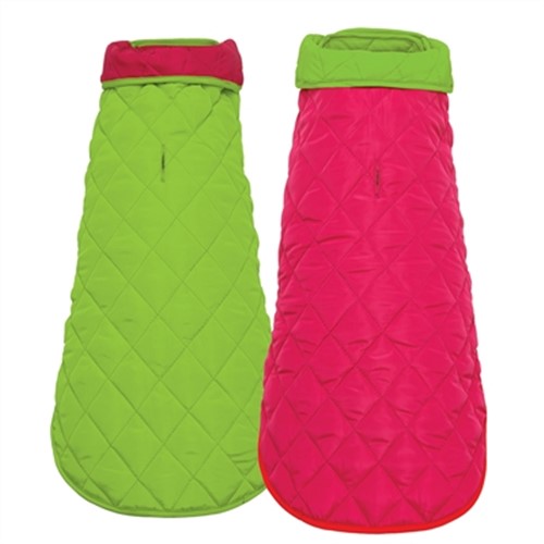 Pink/Lime Diamond Quilted Reversible Coat   Roxy & Lulu, wooflink, susan lanci, dog clothes, small dog clothes, urban pup, pooch outfitters, dogo, hip doggie, doggie design, small dog dress, pet clotes, dog boutique. pet boutique, bloomingtails dog boutique, dog raincoat, dog rain coat, pet raincoat, dog shampoo, pet shampoo, dog bathrobe, pet bathrobe, dog carrier, small dog carrier, doggie couture, pet couture, dog football, dog toys, pet toys, dog clothes sale, pet clothes sale, shop local, pet store, dog store, dog chews, pet chews, worthy dog, dog bandana, pet bandana, dog halloween, pet halloween, dog holiday, pet holiday, dog teepee, custom dog clothes, pet pjs, dog pjs, pet pajamas, dog pajamas,dog sweater, pet sweater, dog hat, fabdog, fab dog, dog puffer coat, dog winter ja