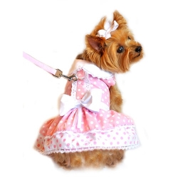 Pink Polka  & Lace Dog Dress with Matching Leash    wooflink, susan lanci, dog clothes, small dog clothes, urban pup, pooch outfitters, dogo, hip doggie, doggie design, small dog dress, pet clotes, dog boutique. pet boutique, bloomingtails dog boutique, dog raincoat, dog rain coat, pet raincoat, dog shampoo, pet shampoo, dog bathrobe, pet bathrobe, dog carrier, small dog carrier, doggie couture, pet couture, dog football, dog toys, pet toys, dog clothes sale, pet clothes sale, shop local, pet store, dog store, dog chews, pet chews, worthy dog, dog bandana, pet bandana, dog halloween, pet halloween, dog holiday, pet holiday, dog teepee, custom dog clothes, pet pjs, dog pjs, pet pajamas, dog pajamas,dog sweater, pet sweater, dog hat, fabdog, fab dog, dog puffer coat, dog winter jacket, dog col