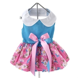 Pink and Blue Plumeria Floral Dog Dress with Matching Leash  wooflink, susan lanci, dog clothes, small dog clothes, urban pup, pooch outfitters, dogo, hip doggie, doggie design, small dog dress, pet clotes, dog boutique. pet boutique, bloomingtails dog boutique, dog raincoat, dog rain coat, pet raincoat, dog shampoo, pet shampoo, dog bathrobe, pet bathrobe, dog carrier, small dog carrier, doggie couture, pet couture, dog football, dog toys, pet toys, dog clothes sale, pet clothes sale, shop local, pet store, dog store, dog chews, pet chews, worthy dog, dog bandana, pet bandana, dog halloween, pet halloween, dog holiday, pet holiday, dog teepee, custom dog clothes, pet pjs, dog pjs, pet pajamas, dog pajamas,dog sweater, pet sweater, dog hat, fabdog, fab dog, dog puffer coat, dog winter jacket, dog col