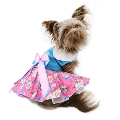 DOGGIE DESIGN Pink and Blue Plumeria Floral Dog Dress with Matching Leash