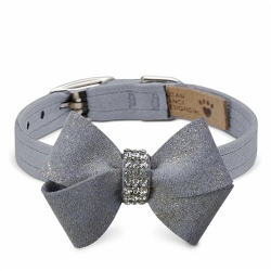 Platinum Glitzerati Nouveau Bow Collar  Roxy & Lulu, wooflink, susan lanci, dog clothes, small dog clothes, urban pup, pooch outfitters, dogo, hip doggie, doggie design, small dog dress, pet clotes, dog boutique. pet boutique, bloomingtails dog boutique, dog raincoat, dog rain coat, pet raincoat, dog shampoo, pet shampoo, dog bathrobe, pet bathrobe, dog carrier, small dog carrier, doggie couture, pet couture, dog football, dog toys, pet toys, dog clothes sale, pet clothes sale, shop local, pet store, dog store, dog chews, pet chews, worthy dog, dog bandana, pet bandana, dog halloween, pet halloween, dog holiday, pet holiday, dog teepee, custom dog clothes, pet pjs, dog pjs, pet pajamas, dog pajamas,dog sweater, pet sweater, dog hat, fabdog, fab dog, dog puffer coat, dog winter ja