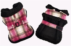 Sherpa Lined Dog Harness Coat - Hot Pink and Tan Plaid w/Leash  Roxy & Lulu, wooflink, susan lanci, dog clothes, small dog clothes, urban pup, pooch outfitters, dogo, hip doggie, doggie design, small dog dress, pet clotes, dog boutique. pet boutique, bloomingtails dog boutique, dog raincoat, dog rain coat, pet raincoat, dog shampoo, pet shampoo, dog bathrobe, pet bathrobe, dog carrier, small dog carrier, doggie couture, pet couture, dog football, dog toys, pet toys, dog clothes sale, pet clothes sale, shop local, pet store, dog store, dog chews, pet chews, worthy dog, dog bandana, pet bandana, dog halloween, pet halloween, dog holiday, pet holiday, dog teepee, custom dog clothes, pet pjs, dog pjs, pet pajamas, dog pajamas,dog sweater, pet sweater, dog hat, fabdog, fab dog, dog puffer coat, dog winter ja