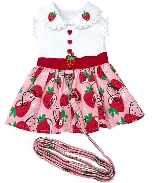 Strawberry Picnic Dog Dress with Matching Leash  wooflink, susan lanci, dog clothes, small dog clothes, urban pup, pooch outfitters, dogo, hip doggie, doggie design, small dog dress, pet clotes, dog boutique. pet boutique, bloomingtails dog boutique, dog raincoat, dog rain coat, pet raincoat, dog shampoo, pet shampoo, dog bathrobe, pet bathrobe, dog carrier, small dog carrier, doggie couture, pet couture, dog football, dog toys, pet toys, dog clothes sale, pet clothes sale, shop local, pet store, dog store, dog chews, pet chews, worthy dog, dog bandana, pet bandana, dog halloween, pet halloween, dog holiday, pet holiday, dog teepee, custom dog clothes, pet pjs, dog pjs, pet pajamas, dog pajamas,dog sweater, pet sweater, dog hat, fabdog, fab dog, dog puffer coat, dog winter jacket, dog col