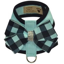 Tiffi Gingham Nouveau Bow Tinkie Harness with Black Trim  Roxy & Lulu, wooflink, susan lanci, dog clothes, small dog clothes, urban pup, pooch outfitters, dogo, hip doggie, doggie design, small dog dress, pet clotes, dog boutique. pet boutique, bloomingtails dog boutique, dog raincoat, dog rain coat, pet raincoat, dog shampoo, pet shampoo, dog bathrobe, pet bathrobe, dog carrier, small dog carrier, doggie couture, pet couture, dog football, dog toys, pet toys, dog clothes sale, pet clothes sale, shop local, pet store, dog store, dog chews, pet chews, worthy dog, dog bandana, pet bandana, dog halloween, pet halloween, dog holiday, pet holiday, dog teepee, custom dog clothes, pet pjs, dog pjs, pet pajamas, dog pajamas,dog sweater, pet sweater, dog hat, fabdog, fab dog, dog puffer coat, dog winter ja