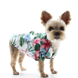 Tropical Island White Dog Shirt  Roxy & Lulu, wooflink, susan lanci, dog clothes, small dog clothes, urban pup, pooch outfitters, dogo, hip doggie, doggie design, small dog dress, pet clotes, dog boutique. pet boutique, bloomingtails dog boutique, dog raincoat, dog rain coat, pet raincoat, dog shampoo, pet shampoo, dog bathrobe, pet bathrobe, dog carrier, small dog carrier, doggie couture, pet couture, dog football, dog toys, pet toys, dog clothes sale, pet clothes sale, shop local, pet store, dog store, dog chews, pet chews, worthy dog, dog bandana, pet bandana, dog halloween, pet halloween, dog holiday, pet holiday, dog teepee, custom dog clothes, pet pjs, dog pjs, pet pajamas, dog pajamas,dog sweater, pet sweater, dog hat, fabdog, fab dog, dog puffer coat, dog winter ja