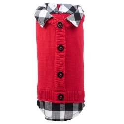 Two-fer Red/Buffalo Cardigan  Roxy & Lulu, wooflink, susan lanci, dog clothes, small dog clothes, urban pup, pooch outfitters, dogo, hip doggie, doggie design, small dog dress, pet clotes, dog boutique. pet boutique, bloomingtails dog boutique, dog raincoat, dog rain coat, pet raincoat, dog shampoo, pet shampoo, dog bathrobe, pet bathrobe, dog carrier, small dog carrier, doggie couture, pet couture, dog football, dog toys, pet toys, dog clothes sale, pet clothes sale, shop local, pet store, dog store, dog chews, pet chews, worthy dog, dog bandana, pet bandana, dog halloween, pet halloween, dog holiday, pet holiday, dog teepee, custom dog clothes, pet pjs, dog pjs, pet pajamas, dog pajamas,dog sweater, pet sweater, dog hat, fabdog, fab dog, dog puffer coat, dog winter ja