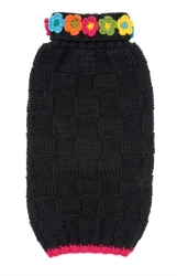Black Floral Basketweave Hand Knit Dog Sweater  Roxy & Lulu, wooflink, susan lanci, dog clothes, small dog clothes, urban pup, pooch outfitters, dogo, hip doggie, doggie design, small dog dress, pet clotes, dog boutique. pet boutique, bloomingtails dog boutique, dog raincoat, dog rain coat, pet raincoat, dog shampoo, pet shampoo, dog bathrobe, pet bathrobe, dog carrier, small dog carrier, doggie couture, pet couture, dog football, dog toys, pet toys, dog clothes sale, pet clothes sale, shop local, pet store, dog store, dog chews, pet chews, worthy dog, dog bandana, pet bandana, dog halloween, pet halloween, dog holiday, pet holiday, dog teepee, custom dog clothes, pet pjs, dog pjs, pet pajamas, dog pajamas,dog sweater, pet sweater, dog hat, fabdog, fab dog, dog puffer coat, dog winter ja