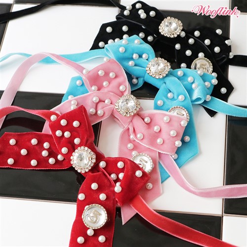 Velvet Pearl Bow Dog Necklace Roxy & Lulu, wooflink, susan lanci, dog clothes, small dog clothes, urban pup, pooch outfitters, dogo, hip doggie, doggie design, small dog dress, pet clotes, dog boutique. pet boutique, bloomingtails dog boutique, dog raincoat, dog rain coat, pet raincoat, dog shampoo, pet shampoo, dog bathrobe, pet bathrobe, dog carrier, small dog carrier, doggie couture, pet couture, dog football, dog toys, pet toys, dog clothes sale, pet clothes sale, shop local, pet store, dog store, dog chews, pet chews, worthy dog, dog bandana, pet bandana, dog halloween, pet halloween, dog holiday, pet holiday, dog teepee, custom dog clothes, pet pjs, dog pjs, pet pajamas, dog pajamas,dog sweater, pet sweater, dog hat, fabdog, fab dog, dog puffer coat, dog winter ja