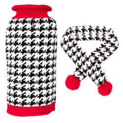 Houndstooth Sweater & Scarf Set wooflink, susan lanci, dog clothes, small dog clothes, urban pup, pooch outfitters, dogo, hip doggie, doggie design, small dog dress, pet clotes, dog boutique. pet boutique, bloomingtails dog boutique, dog raincoat, dog rain coat, pet raincoat, dog shampoo, pet shampoo, dog bathrobe, pet bathrobe, dog carrier, small dog carrier, doggie couture, pet couture, dog football, dog toys, pet toys, dog clothes sale, pet clothes sale, shop local, pet store, dog store, dog chews, pet chews, worthy dog, dog bandana, pet bandana, dog halloween, pet halloween, dog holiday, pet holiday, dog teepee, custom dog clothes, pet pjs, dog pjs, pet pajamas, dog pajamas,dog sweater, pet sweater, dog hat, fabdog, fab dog, dog puffer coat, dog winter jacket, dog col