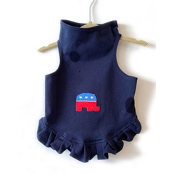 Republican Elephant on Navy Flounce Dress Roxy & Lulu, wooflink, susan lanci, dog clothes, small dog clothes, urban pup, pooch outfitters, dogo, hip doggie, doggie design, small dog dress, pet clotes, dog boutique. pet boutique, bloomingtails dog boutique, dog raincoat, dog rain coat, pet raincoat, dog shampoo, pet shampoo, dog bathrobe, pet bathrobe, dog carrier, small dog carrier, doggie couture, pet couture, dog football, dog toys, pet toys, dog clothes sale, pet clothes sale, shop local, pet store, dog store, dog chews, pet chews, worthy dog, dog bandana, pet bandana, dog halloween, pet halloween, dog holiday, pet holiday, dog teepee, custom dog clothes, pet pjs, dog pjs, pet pajamas, dog pajamas,dog sweater, pet sweater, dog hat, fabdog, fab dog, dog puffer coat, dog winter ja
