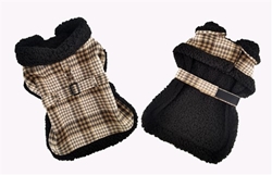 Sherpa Lined Dog Harness Coat - Brown and White Plaid w/Leash Roxy & Lulu, wooflink, susan lanci, dog clothes, small dog clothes, urban pup, pooch outfitters, dogo, hip doggie, doggie design, small dog dress, pet clotes, dog boutique. pet boutique, bloomingtails dog boutique, dog raincoat, dog rain coat, pet raincoat, dog shampoo, pet shampoo, dog bathrobe, pet bathrobe, dog carrier, small dog carrier, doggie couture, pet couture, dog football, dog toys, pet toys, dog clothes sale, pet clothes sale, shop local, pet store, dog store, dog chews, pet chews, worthy dog, dog bandana, pet bandana, dog halloween, pet halloween, dog holiday, pet holiday, dog teepee, custom dog clothes, pet pjs, dog pjs, pet pajamas, dog pajamas,dog sweater, pet sweater, dog hat, fabdog, fab dog, dog puffer coat, dog winter ja
