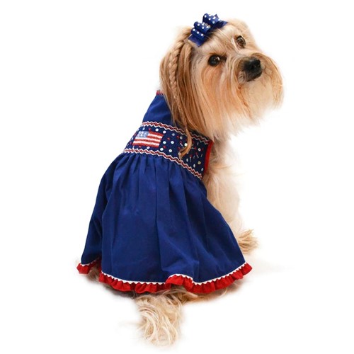 Stars & Stripes Forever Hand Smocked Dress LIMITED EDITION Roxy & Lulu, wooflink, susan lanci, dog clothes, small dog clothes, pet clothes sale, shop local, pet store, dog store, dog chews, pet chews, worthy dog, dog bandana, pet bandana, dog halloween, pet halloween, dog holiday, pet holiday, dog teepee, custom dog clothes, pet pjs, dog pjs, pet pajamas, dog pajamas,dog sweater, pet sweater, dog hat, fabdog, fab dog, dog puffer coat, dog winter ja
