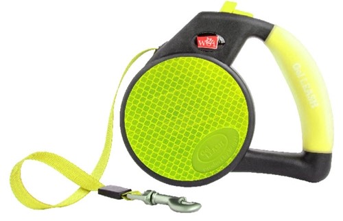 Reflective Yellow Retractable Gel Leash The new Reflective Gel Leash by Wigzi allows you to be super comfortable and also be seen at night with the reflective panels and tape that continue all the way from the front of the clip to the back. You'll also enjoy smooth retraction and easy to use buttons to control your dog. The Reflective Gel Leash is made with the highest quality parts and will last for years. Inside each leash are stainless steel springs that won't rust and wil keep retracting for years.  Tape Leads Small - Up to 26lbs (13 feet) Medium - Up to 44lbs (16 feet) Large - Up to 110lbs (16 feet)  2 year warranty